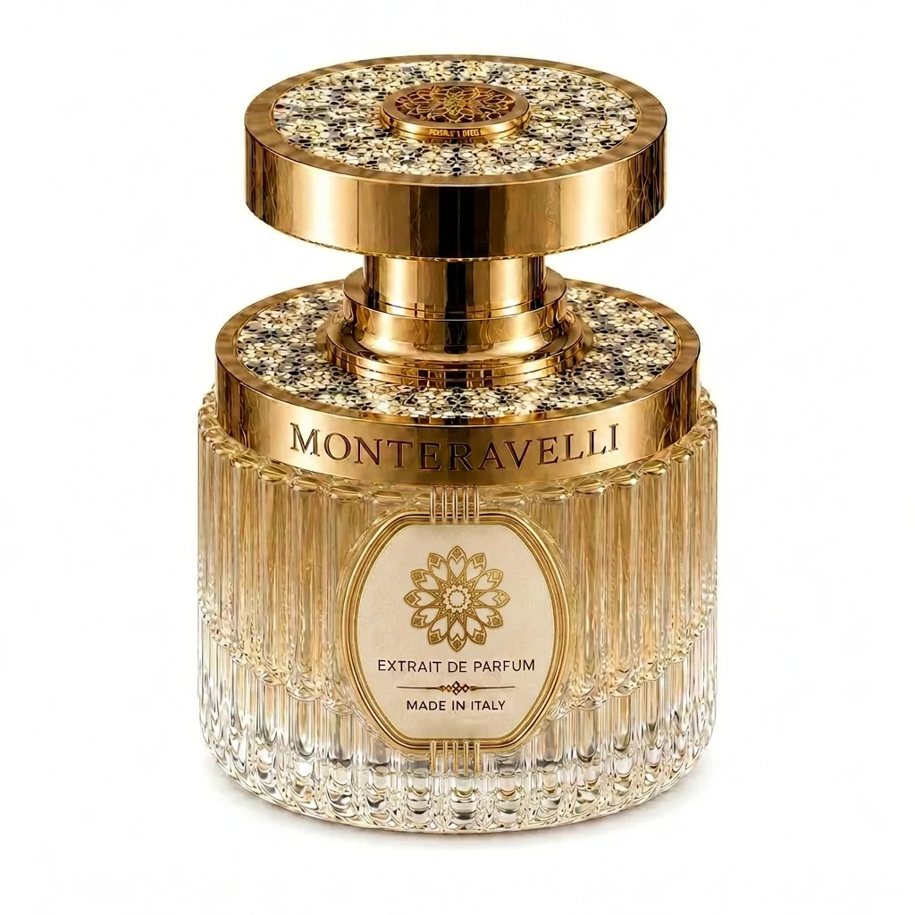 The Monteravelli fluted crystal flacon with an arabesque gold cap.